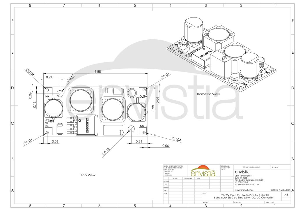 XL6009 Boost Buck DC-DC Converter mechanical drawing and dimensions